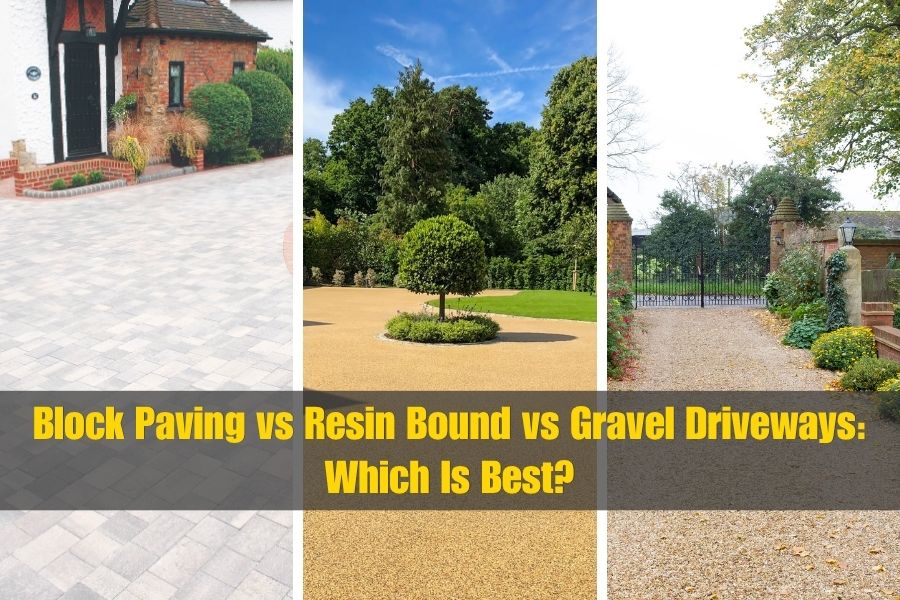 Block Paving vs Resin Bound vs Gravel Driveways article cover image showing the 3 types of driveway surface